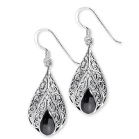 Black Teardrops Onyx Ornament Silver Earrings