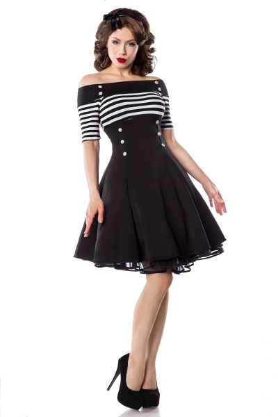 Sailor Rockabilly-Kleid mit Streifen und Knöpfen - Schwarz-Weiss