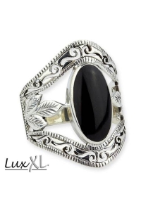 Ornament Leaf  Silver Ring with Onyx