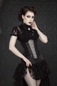 Helena Underbust Corset in Silver Taffeta and Black Lace