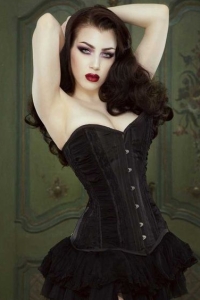 Helena Overbust Corset in Black Taffeta and Black Lace