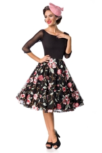 Embroidered Premium Vintage Swing Dress - Black-Pink