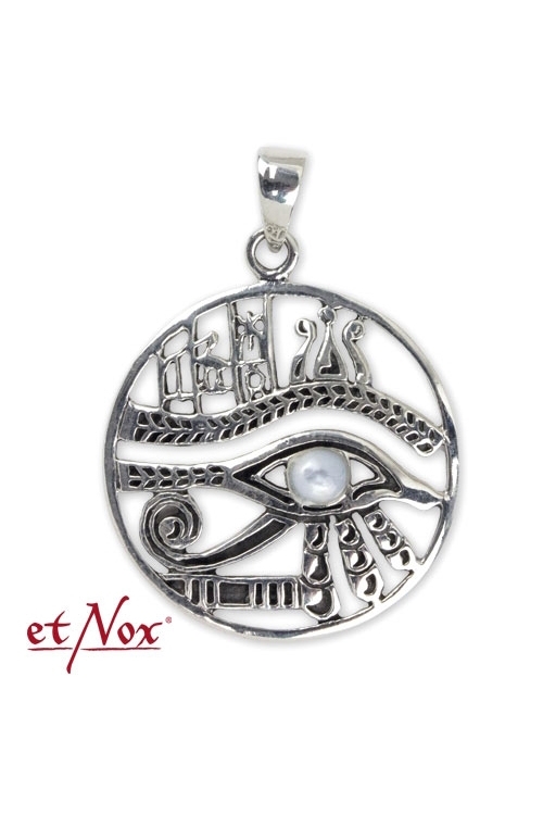 Horus Zinn Amulett 27 mm rund Auge des Horus mit 2 mm Rinds Leder Kette 55 cm 